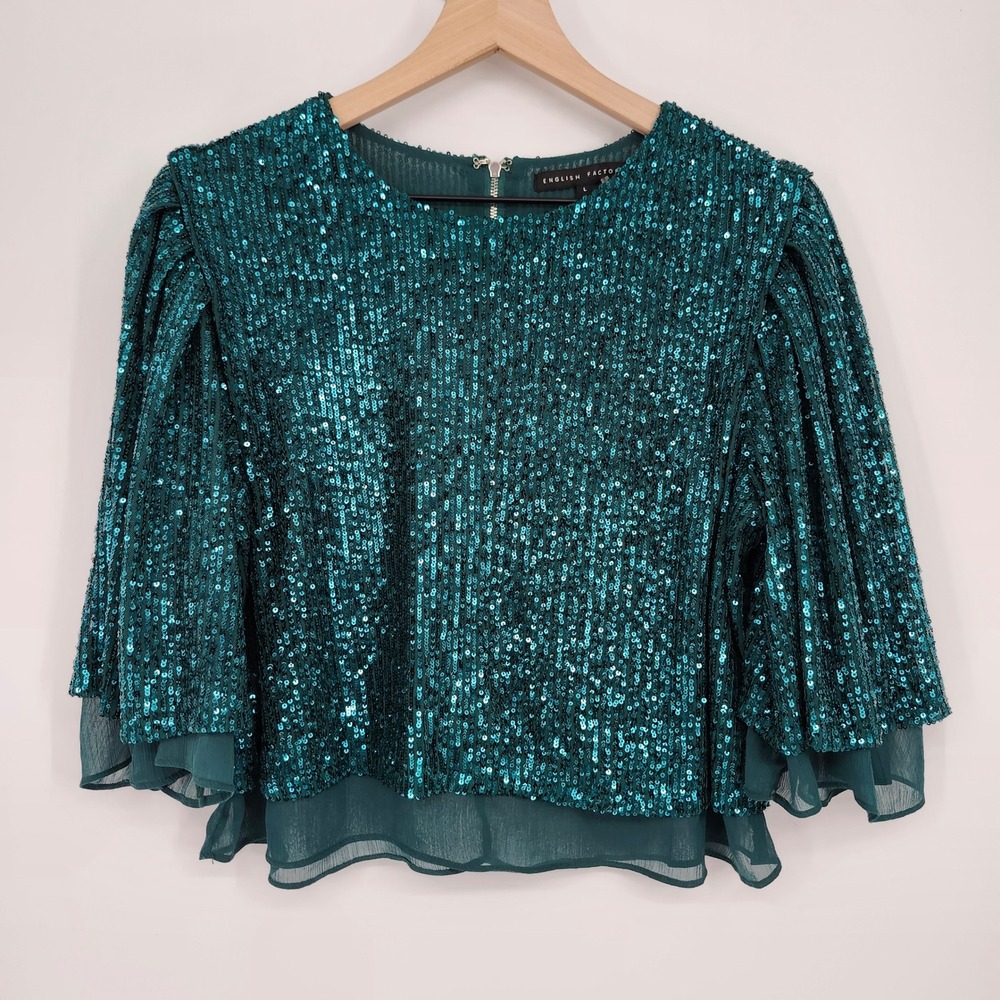 English Factory Emerald Sequin Chiffon Top Size L Cocktail Holiday Party Glam